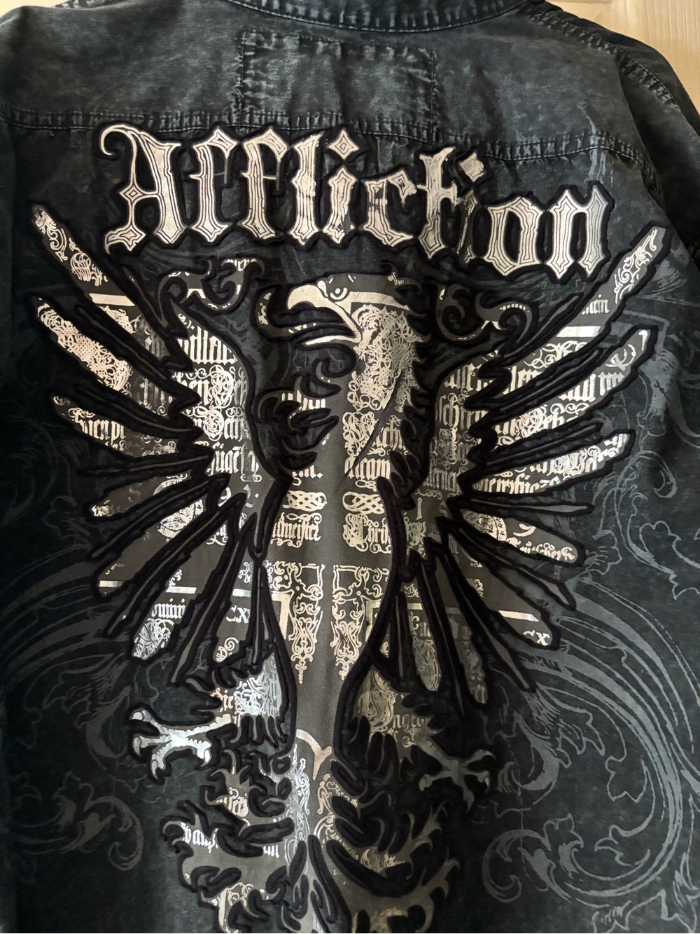 Affliction Black Graphic Eagle Shirt Jacket with Silver Accents